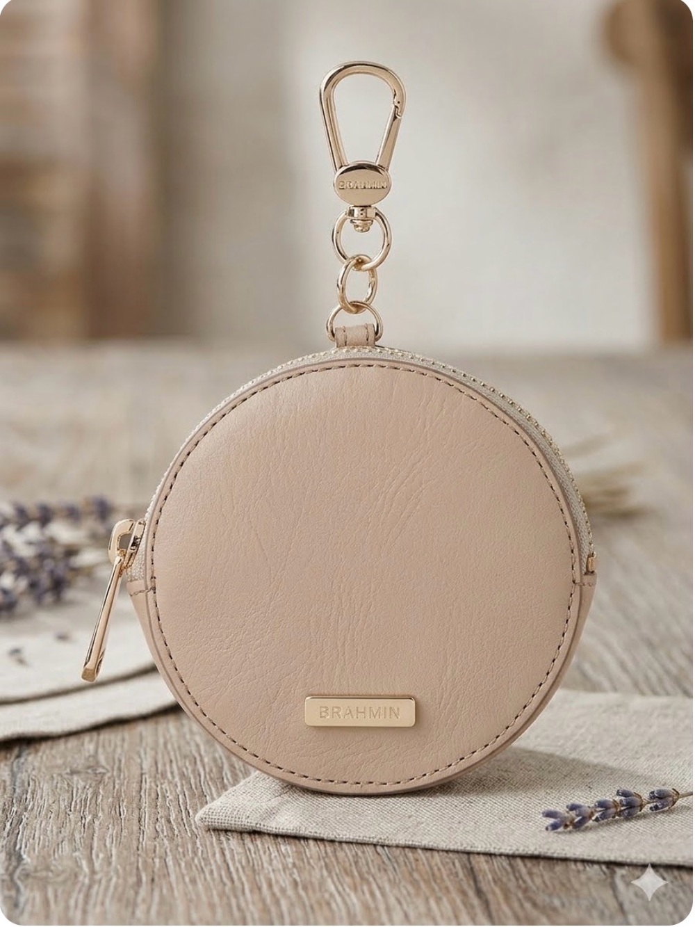 Brahmin Round Coin Pouch in Beige leather with Gold Hardware*nwt